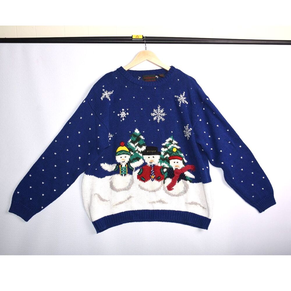 Croft and Barrow Knit by Hand Vintage Christmas Not Ugly Snowmen Blue Large